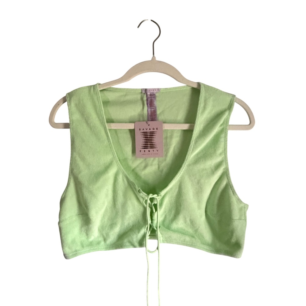 Savage X Fenty Womens Lime Green Terry Cloth Lace Up Crop Top Vest XL NWT